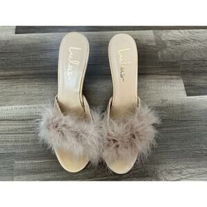 Lulu’s Women’s Feather Mule Heel Sandals Satin Tan 10 Vegan Coquette Feminine